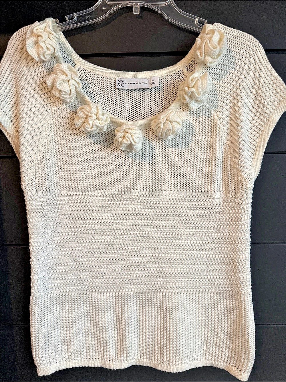 NY&C Floral Rosette Collar Knit Sweater Cream M LN